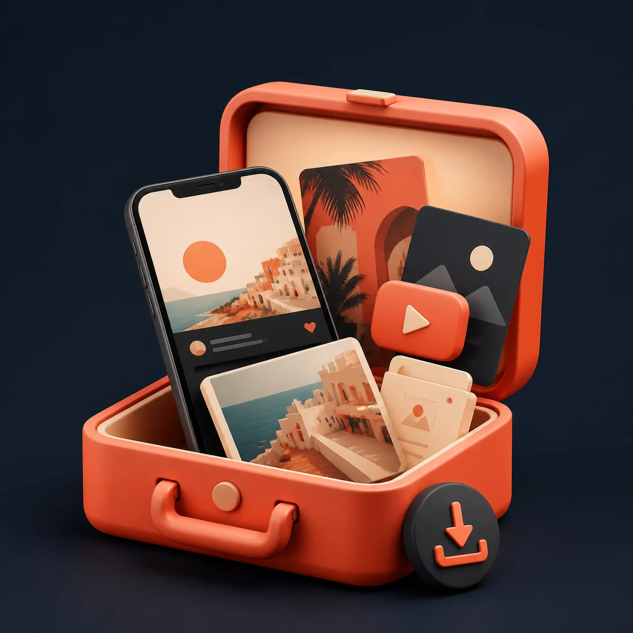 Orange media archive case with a phone, photo cards, and a download symbol