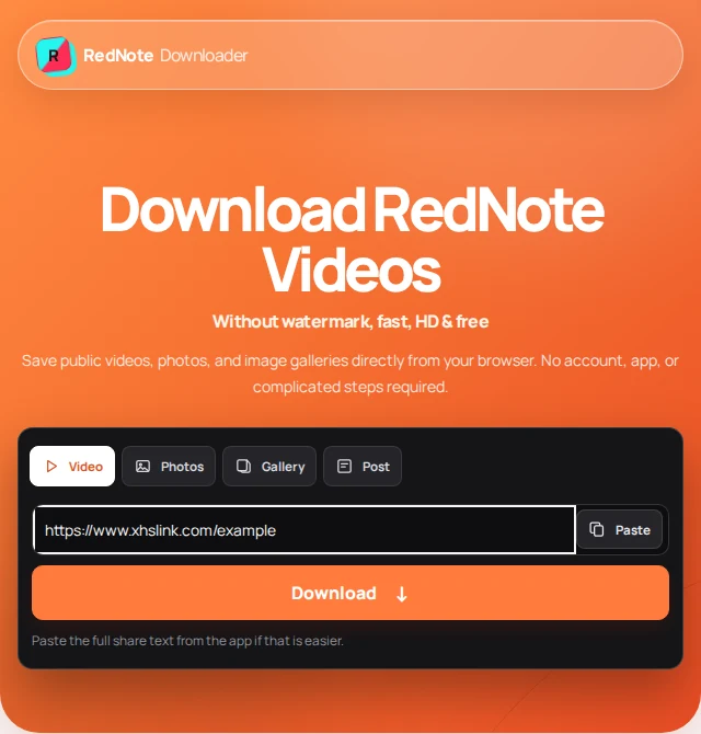 Full RedNote Downloader hero with a public xhslink address pasted into the link field